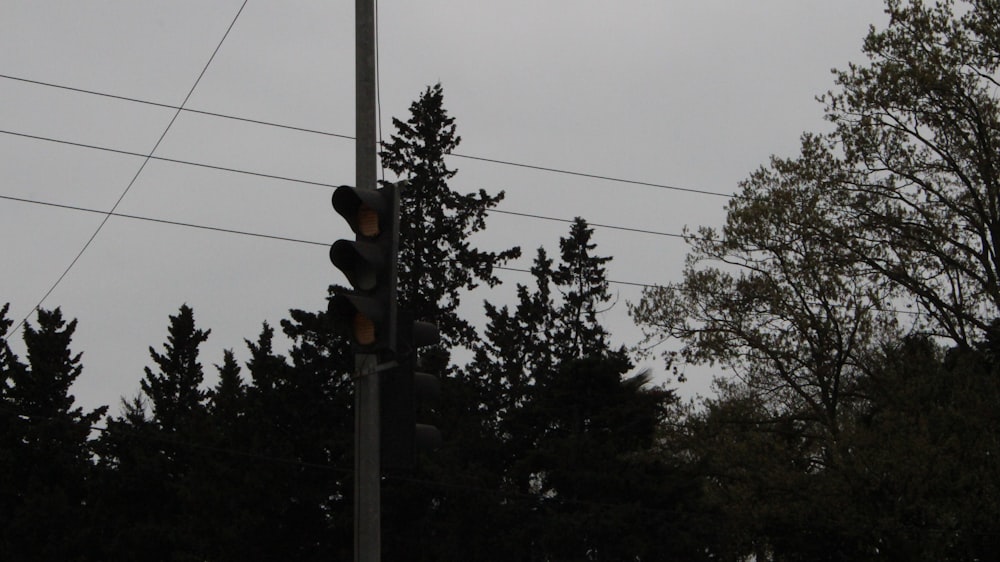 um semáforo em um poste com linhas de energia no fundo