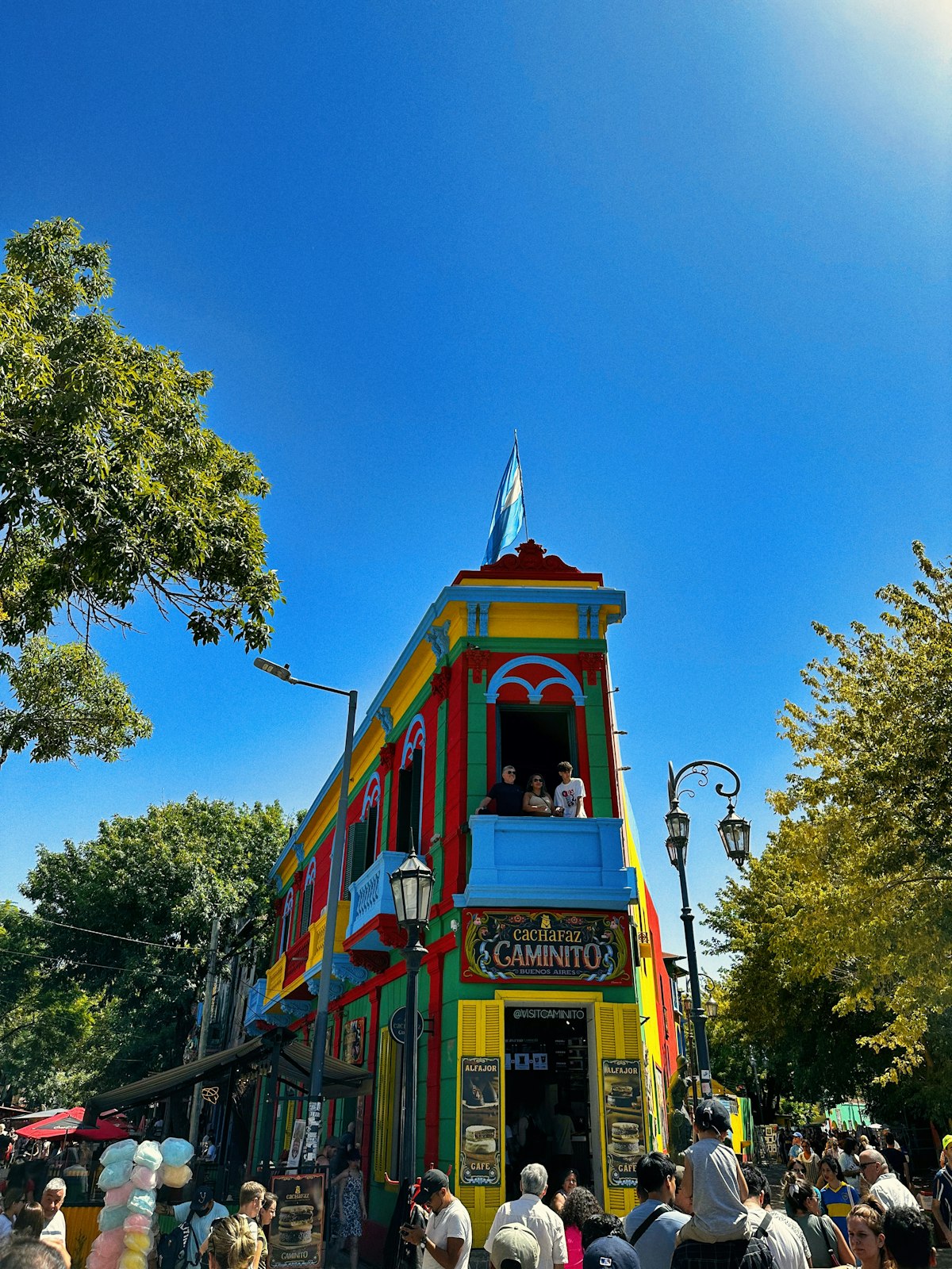 Buenos Aires January — the vivid coloured buildings of Caminito in La Boca beneath a bright summer sky