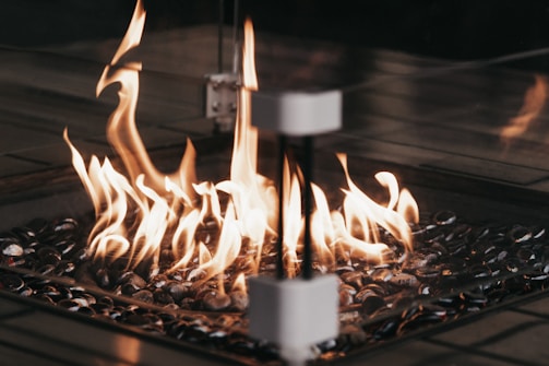 A modern fireplace featuring a controlled fire burning over decorative black stones. The flames dance prominently with a soft, warm glow, creating a cozy ambiance. The setup is enclosed in glass, adding a contemporary touch.