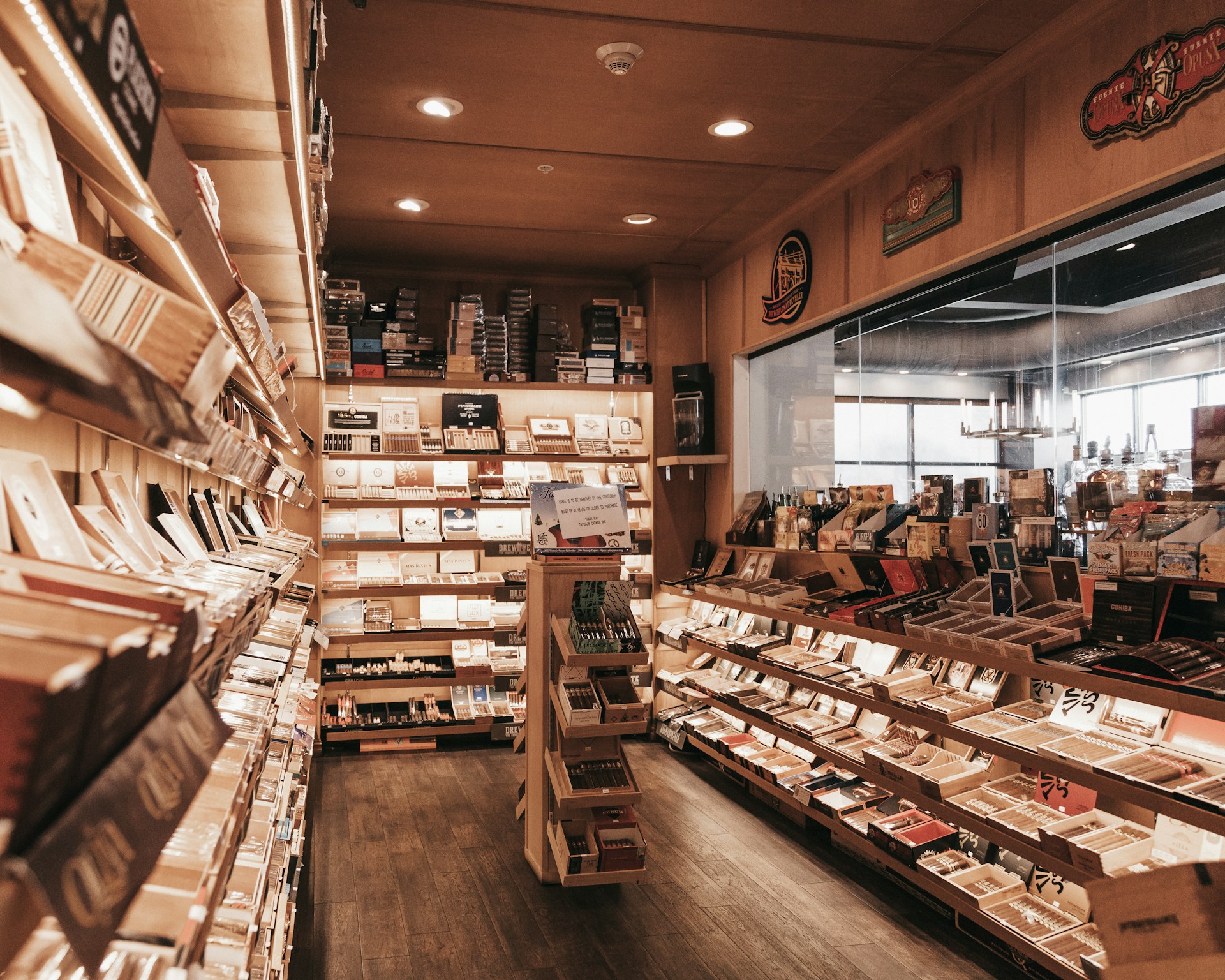 Walk-in humidor — cedar shelves and box rows