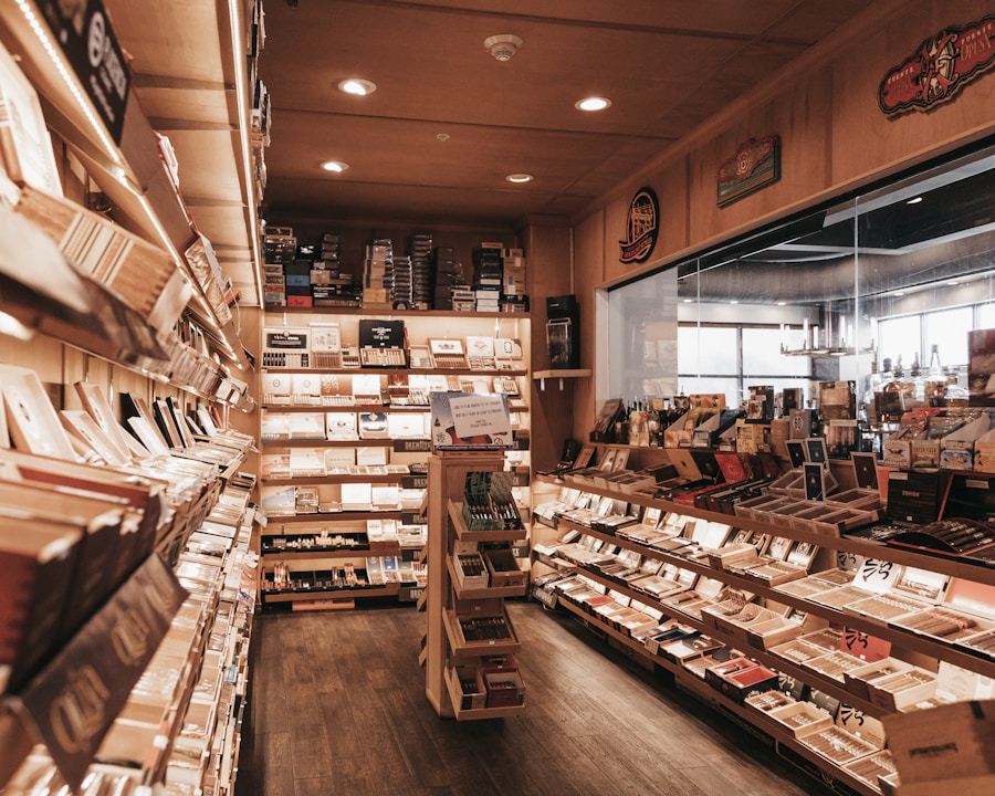 Cedar shelves of a walk-in humidor — smaller desktop version sold here