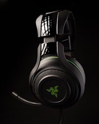 a close up of a gaming headset on a black background