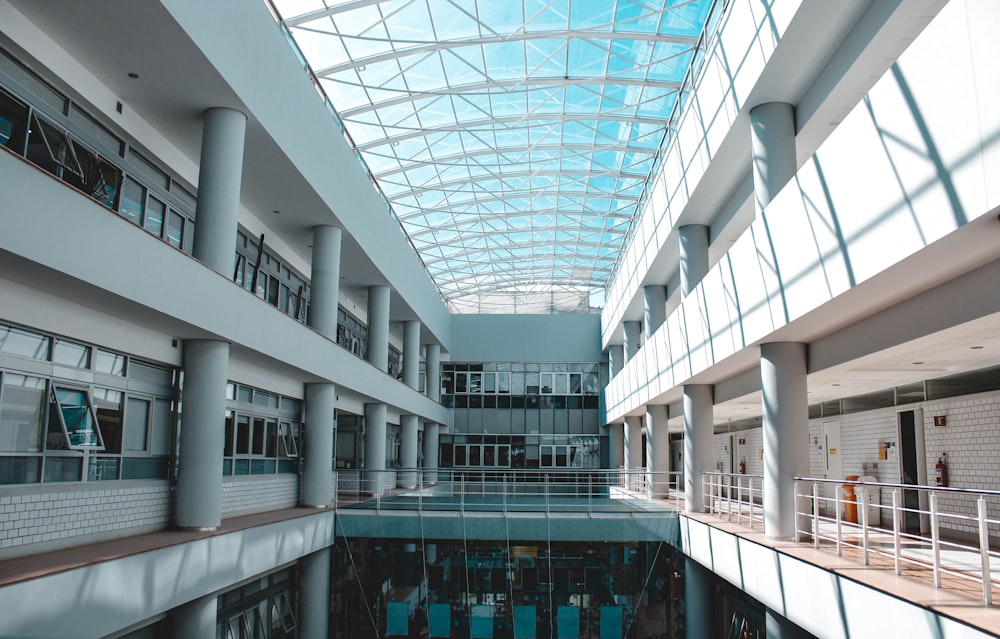 a large building with a pool inside of it