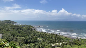 A vibrant tropical Costa Rican coastline with lush greenery and bright blue ocean under a sunny sky.