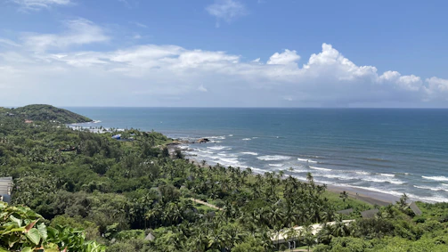 A vibrant tropical Costa Rican coastline with lush greenery and bright blue ocean under a sunny sky.
