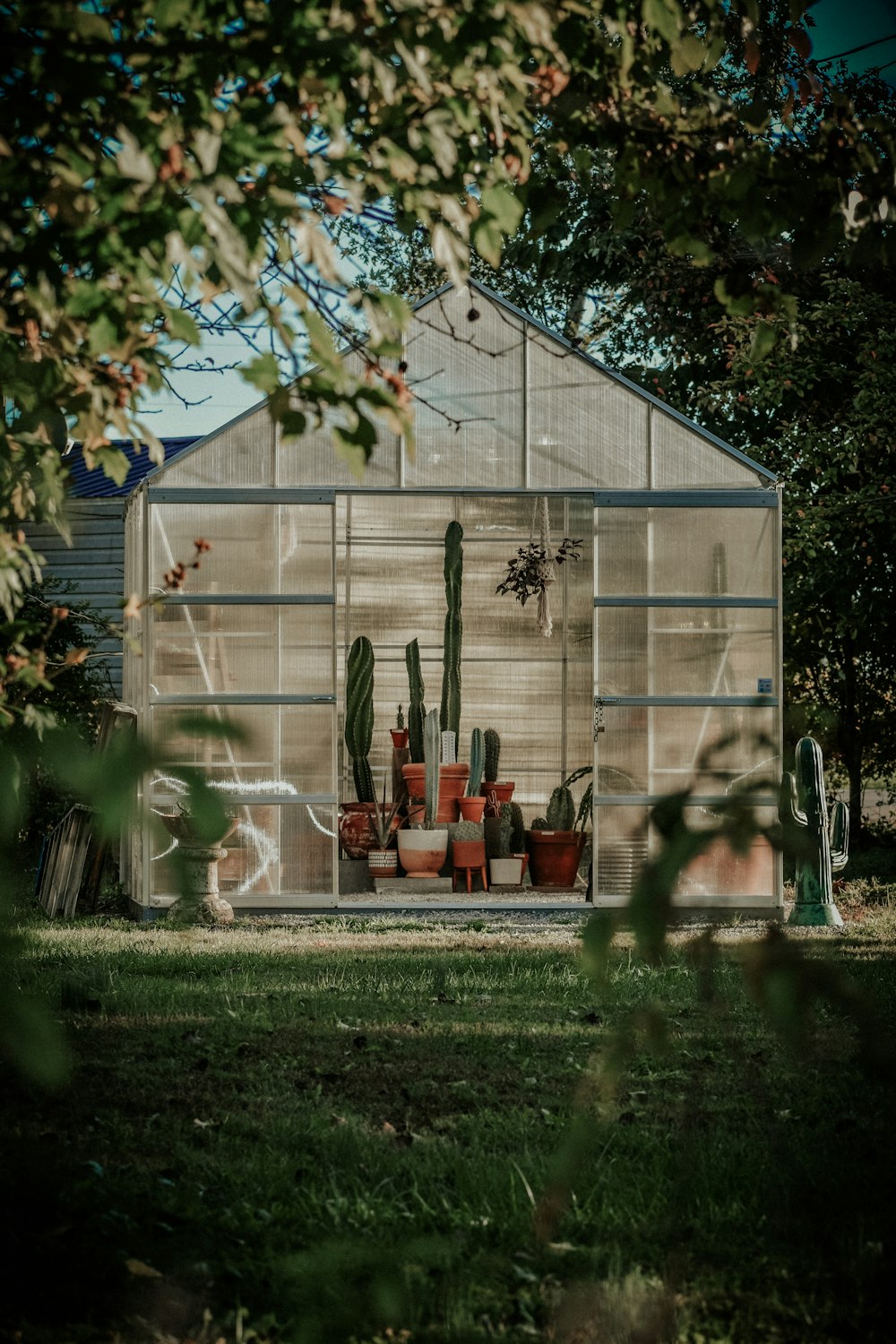 a greenhouse with a lot of potted plants in front of it