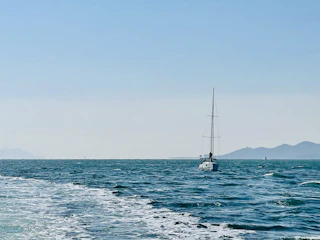 A boat sailing on open water with satellite signals indicating tracking coverage.