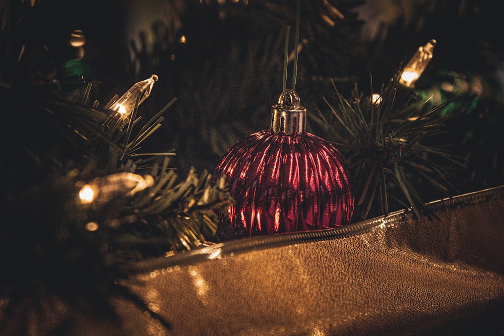 Ein rotes Ornament, das an einem Weihnachtsbaum hängt