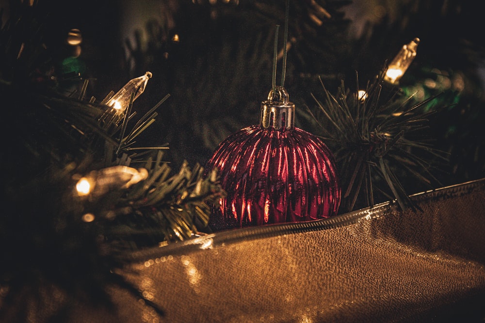 a red ornament hanging from a christmas tree