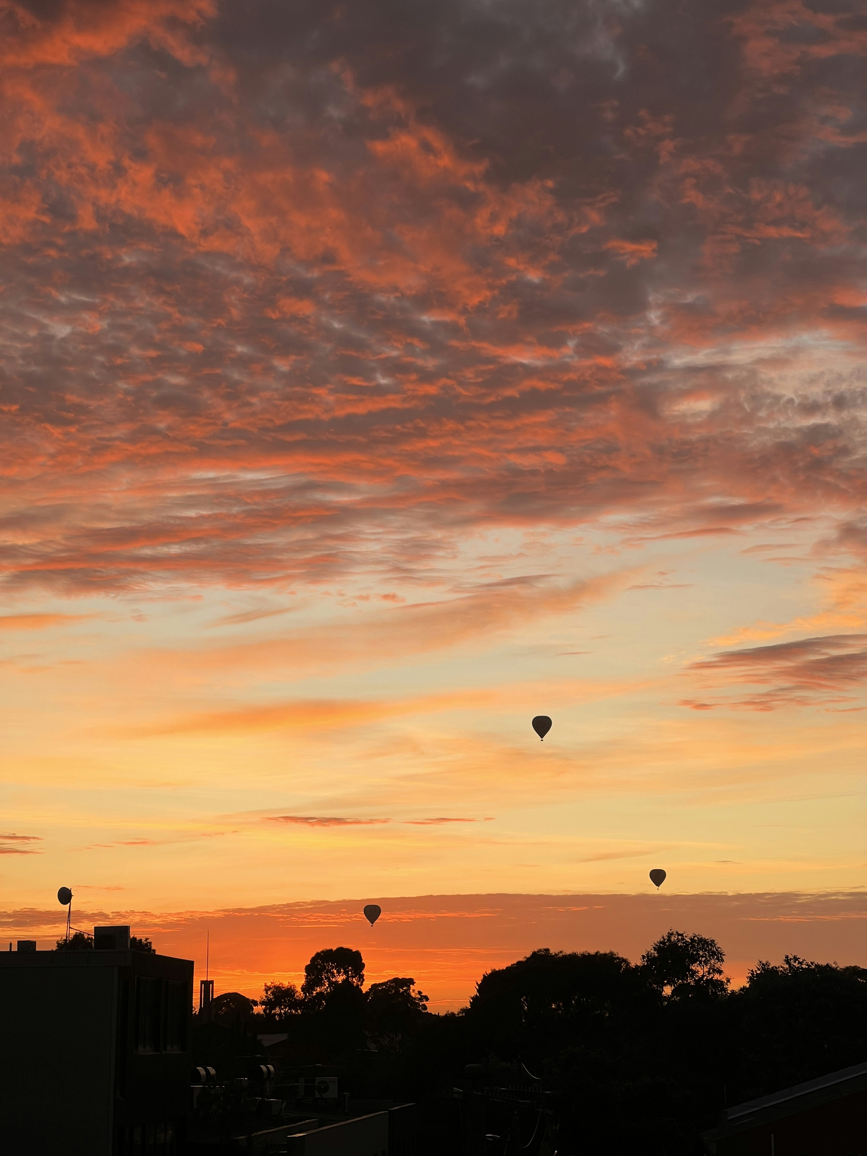 Eine Gruppe von Heißluftballons, die am Himmel fliegen
