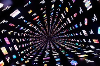 a very large display of many different types of tvs