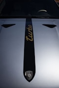 A close-up view of a car's bonnet featuring a black central stripe with the word 'turbo' written in gold. At the bottom of the stripe is a car manufacturer's emblem. The bonnet is silver with two black vents on either side of the stripe.