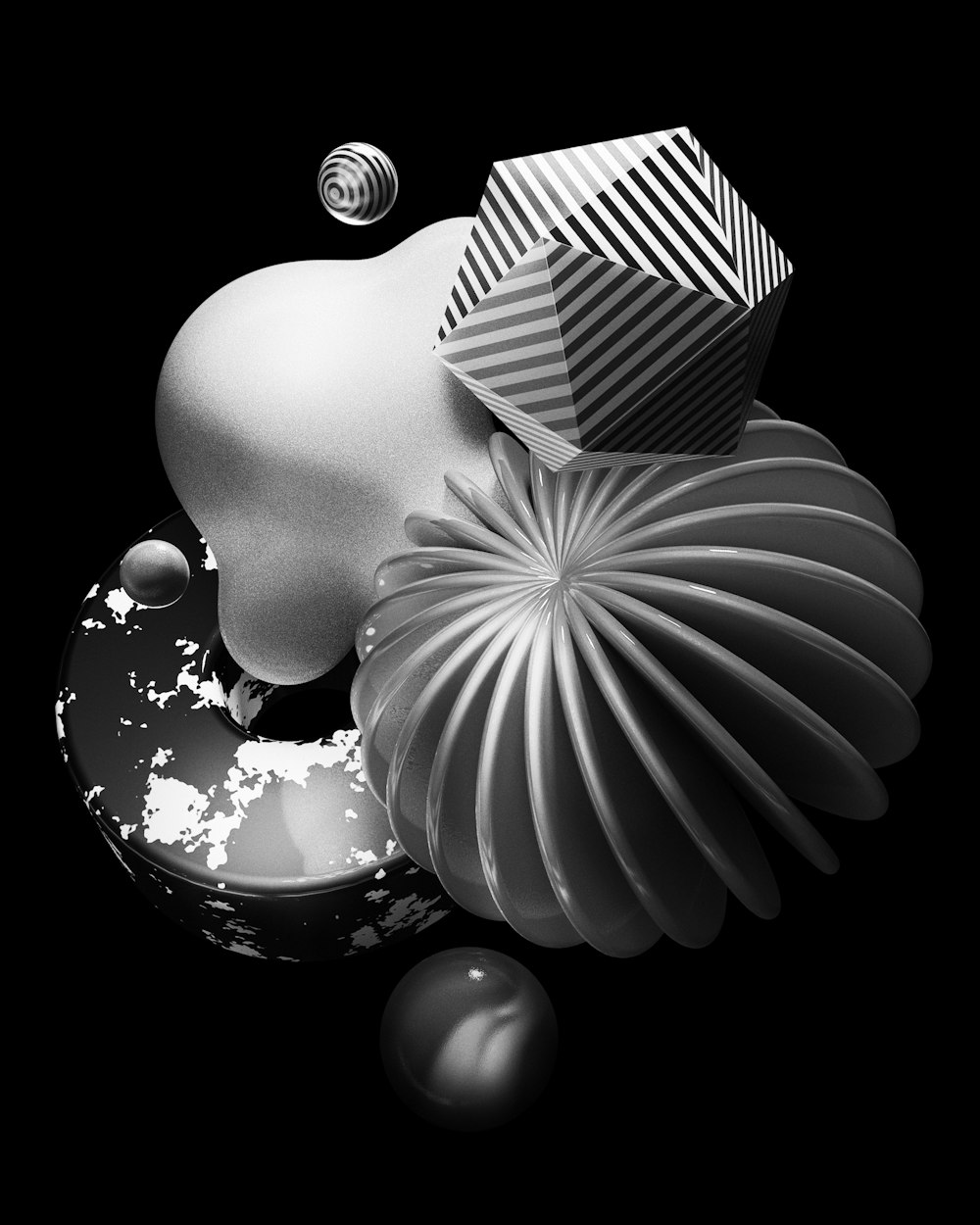 a black and white photo of a vase and some balls