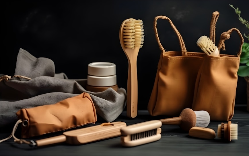A selection of eco-friendly personal care items including brushes and a pouch, set against a dark background. The arrangement features a variety of wooden brushes with natural bristles and several containers. A fabric pouch and a cloth are also present, adding to the organic feel.