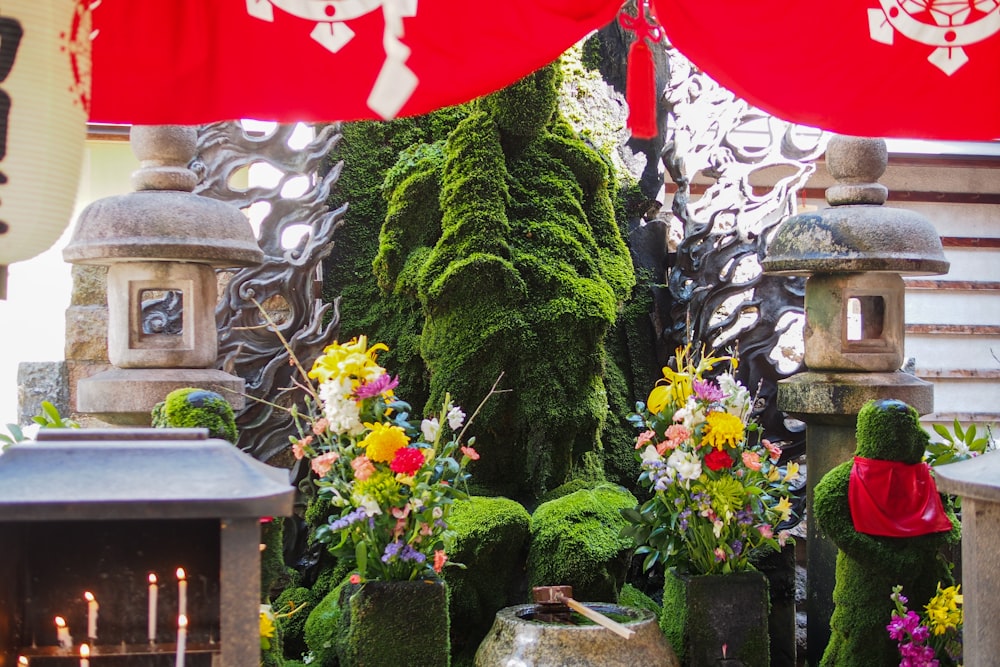 a display of flowers and moss in a garden