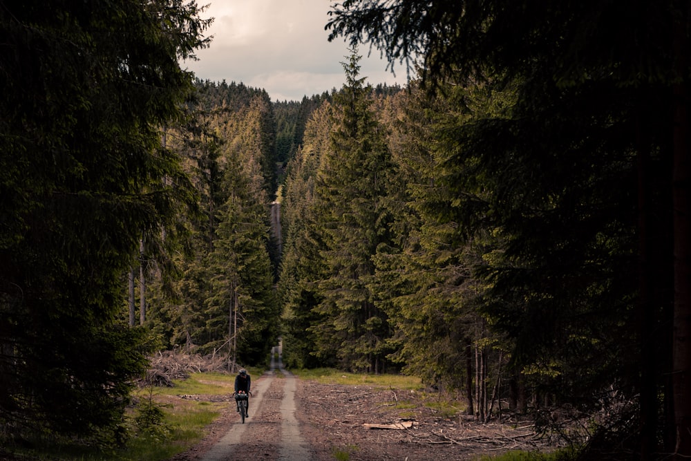 a person riding a bike down a dirt road