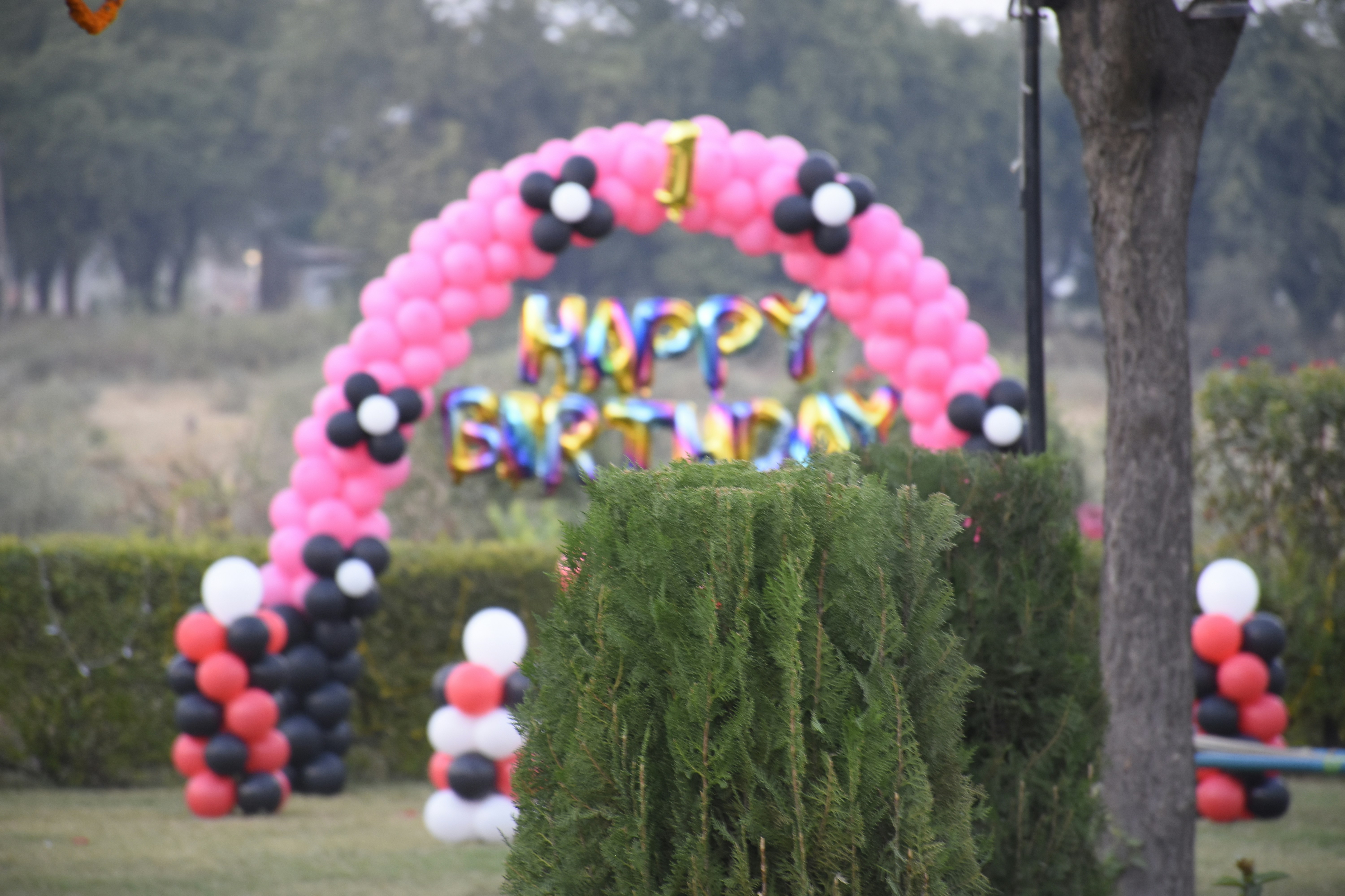 Colorful balloon arch at a birthday celebration
