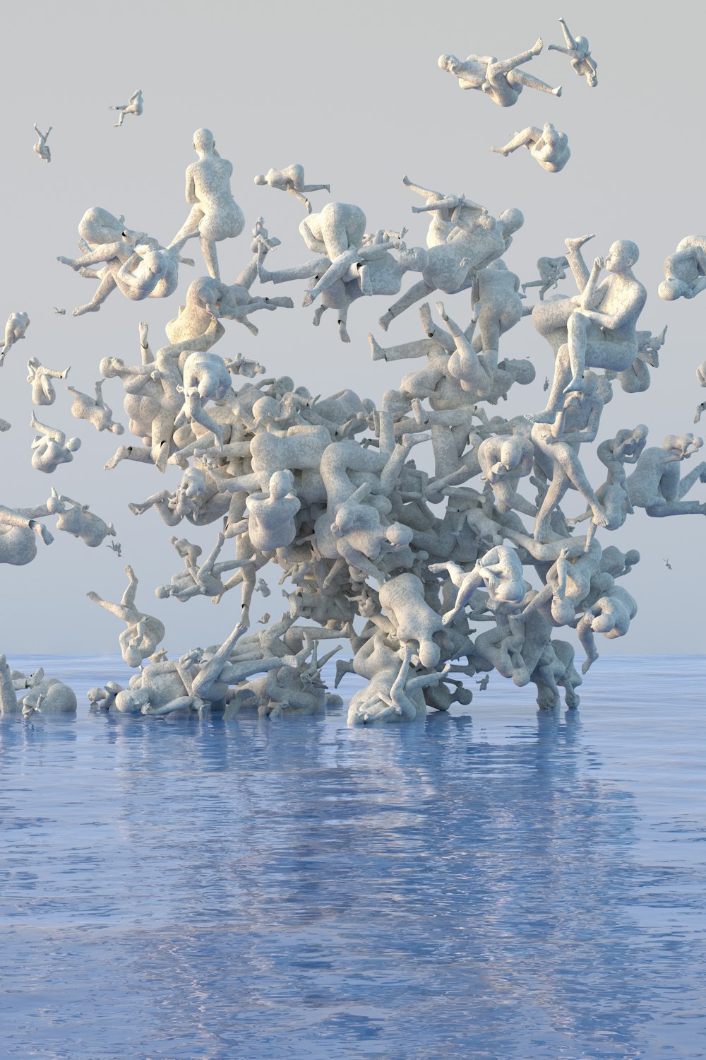 a large group of stuffed animals floating in the water