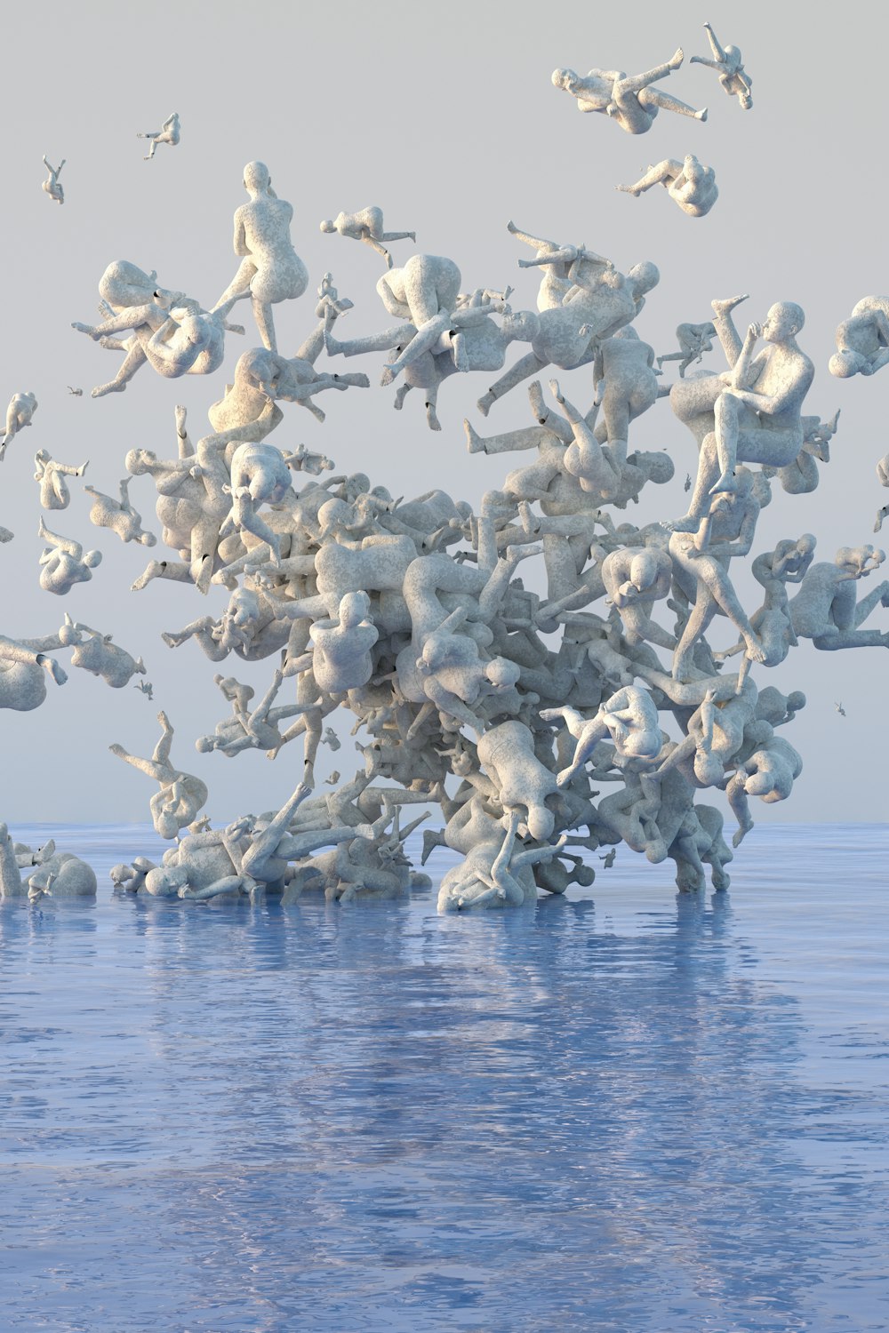 Un gran grupo de animales de peluche flotando en el agua