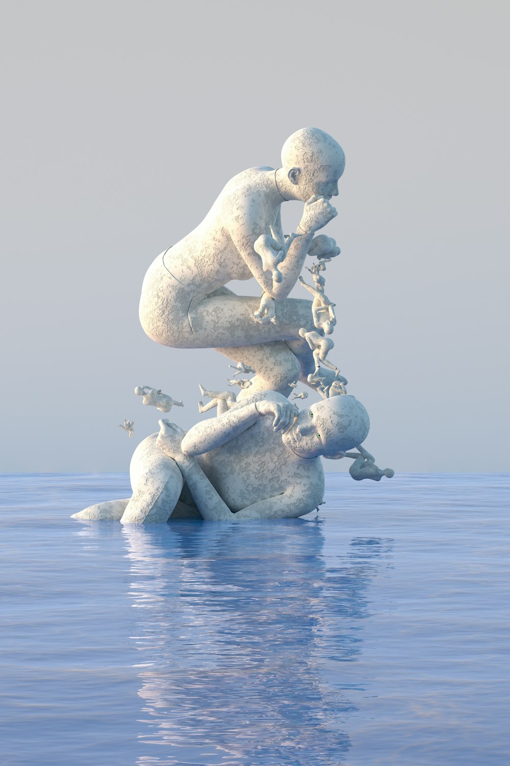 a group of white sculptures floating on top of a body of water