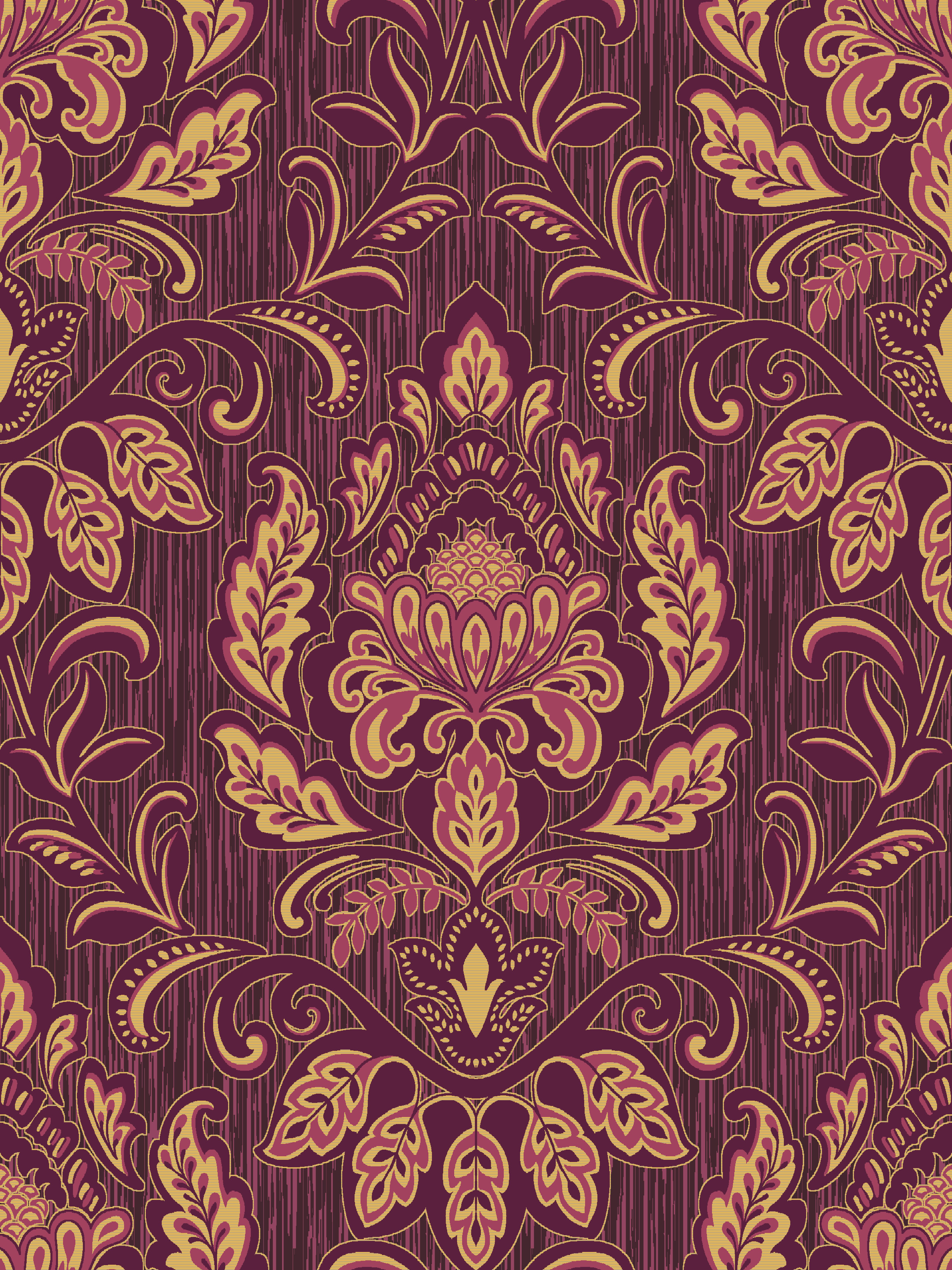 a red and yellow floral pattern on a purple background