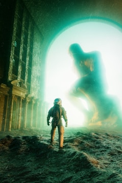 An astronaut in a spacesuit stands on a rugged terrain inside a large, ancient-looking architectural structure. In the distance, a gigantic stone-like figure kneels, illuminated by a mystical light emanating from an arched opening. The scene is enveloped in a misty atmosphere, adding an otherworldly feel.