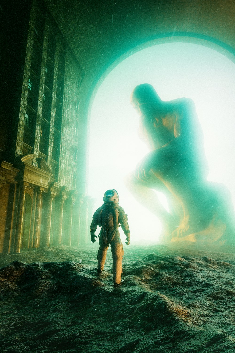 a man standing in front of a giant creature