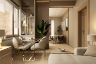 An open living space showcasing smart climate control and elegant, simple décor.