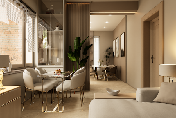 An open-plan dining area seamlessly connected to the living space, featuring refined furniture and subtle lighting.