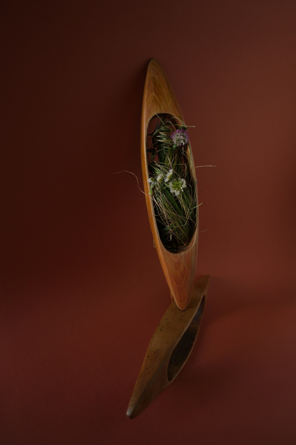 a wooden boat with a plant inside of it