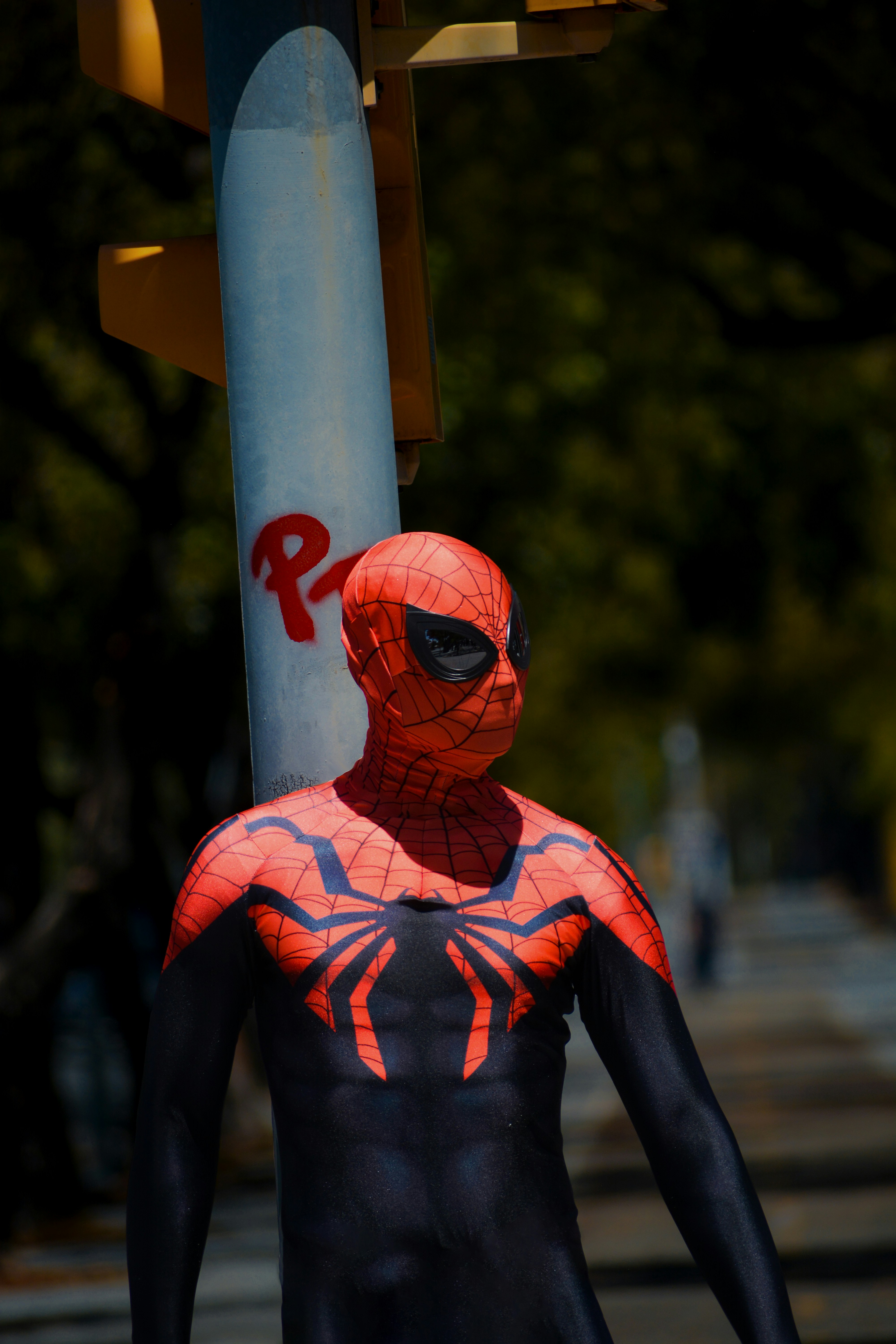 Seorang pria dengan kostum Spiderman berdiri di samping tiang