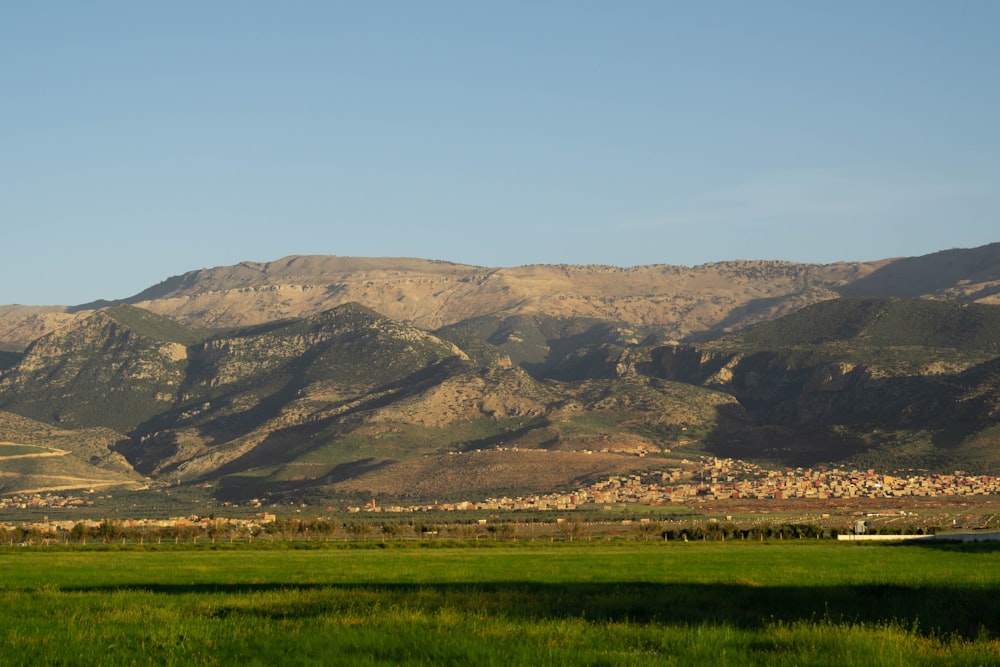 a green field with mountains in the background