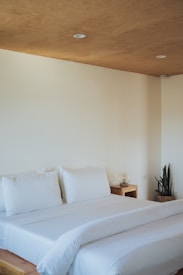 A minimalist bedroom features a neatly made bed with white linens and pillows. A wooden ceiling contrasts with the light-colored walls. Beside the bed, a small wooden nightstand holds a decorative lamp. In the corner, a potted snake plant adds a touch of greenery.