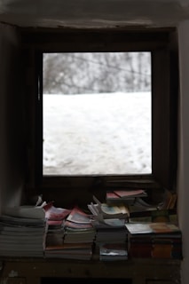 A window view of gentle snowfall outside, with warm indoor lighting and a stack of well-loved books nearby.