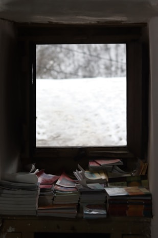 A window view of gentle snowfall outside, with warm indoor lighting and a stack of well-loved books nearby.