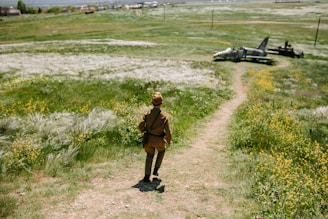 A person in a historical military uniform walks down a grassy path towards an old, abandoned fighter jet positioned in a lush, open field with scattered yellow flowers. The landscape is expansive, with gentle hills and a blend of green and brown patches.