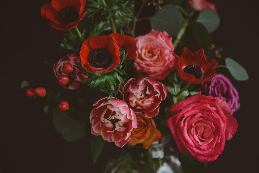 a vase filled with lots of red and pink flowers