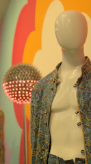 A vibrant partywear shirt with subtle shimmer and intricate patterns displayed on a mannequin in a lively setting.