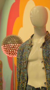 A vibrant partywear shirt with subtle shimmer and intricate patterns displayed on a mannequin in a lively setting.