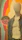 Close-up of a colorful t-shirt design displayed on a mannequin in a bright room.