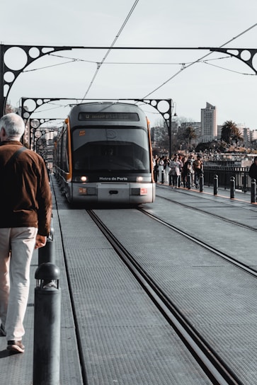 A modern metro train travels across a bridge with ornate metalwork arches. Pedestrians are walking along the sides of the bridge, and a crowd is gathered near the edge, possibly sightseeing. In the background, there are tall buildings and palm trees, suggesting an urban setting with adjacent greenery.