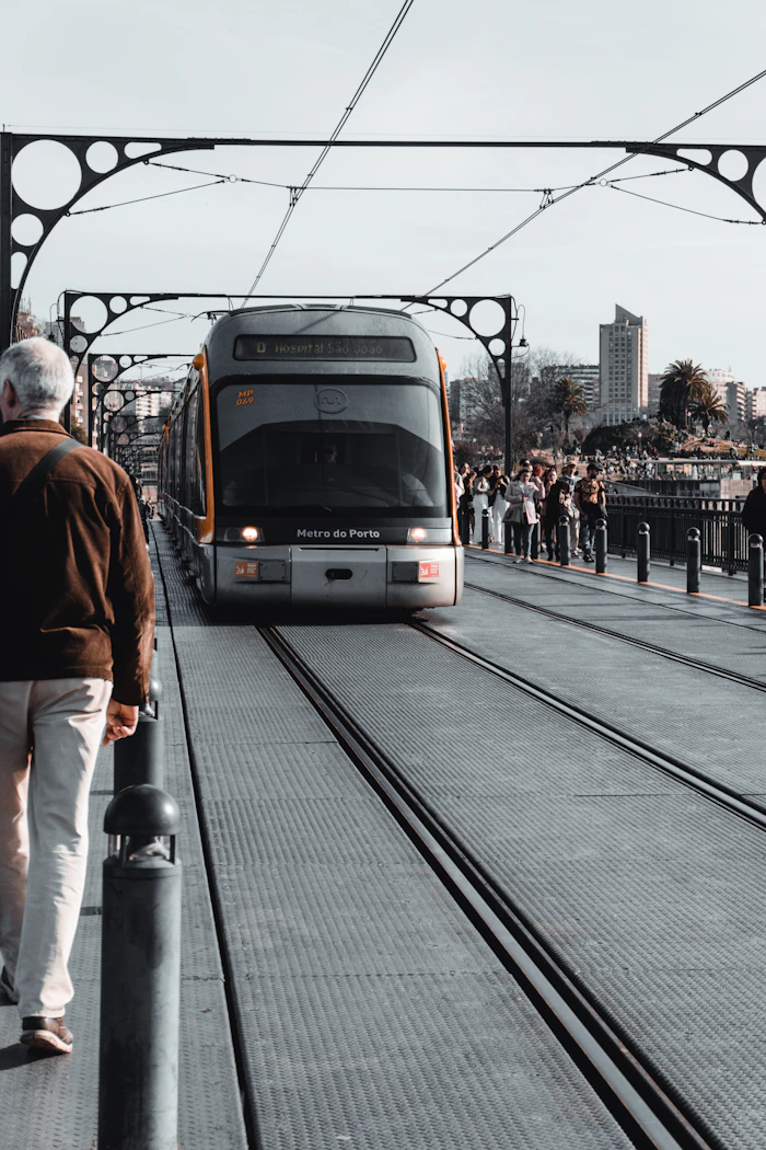 Modern metro train on elevated tracks
