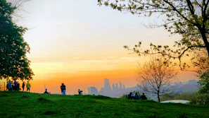 A group of travelers enjoying a scenic viewpoint overlooking rolling hills and forests at sunset