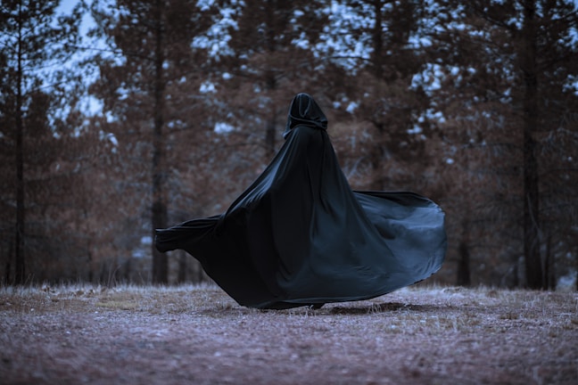 A shadowy figure walking through a dark forest.