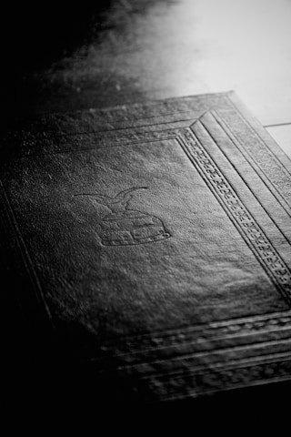 A black-and-white image featuring the textured surface of a book cover with an embossed design. The design includes geometric patterns and symbolic imagery, and the light highlights the fine details of the cover material.