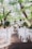 An outdoor wedding ceremony setup with white chairs arranged in rows facing a floral altar. Tall arrangements of greenery and white flowers are placed along the aisle. The setting is beneath lush green trees and appears to be part of a garden or courtyard.