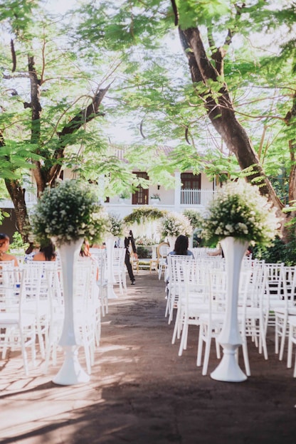 A sunlit garden setup with white chairs and floral decorations ready for a wedding ceremony.