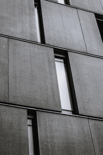 Several large, rectangular concrete panels are arranged in a grid pattern on the facade of a modern building. The panels have a textured surface and are separated by narrow, vertical window slits.