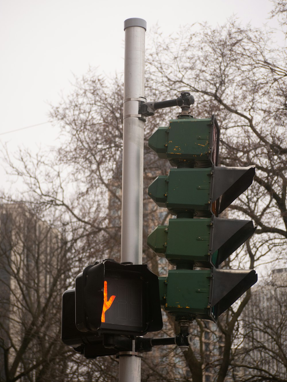 a traffic light on a pole with trees in the background