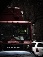 A red Mack truck is positioned on a street with bare tree branches in the background. The driver, wearing a yellow vest, is visible through the windshield. Nearby, a white and a blue car can be seen in close proximity.